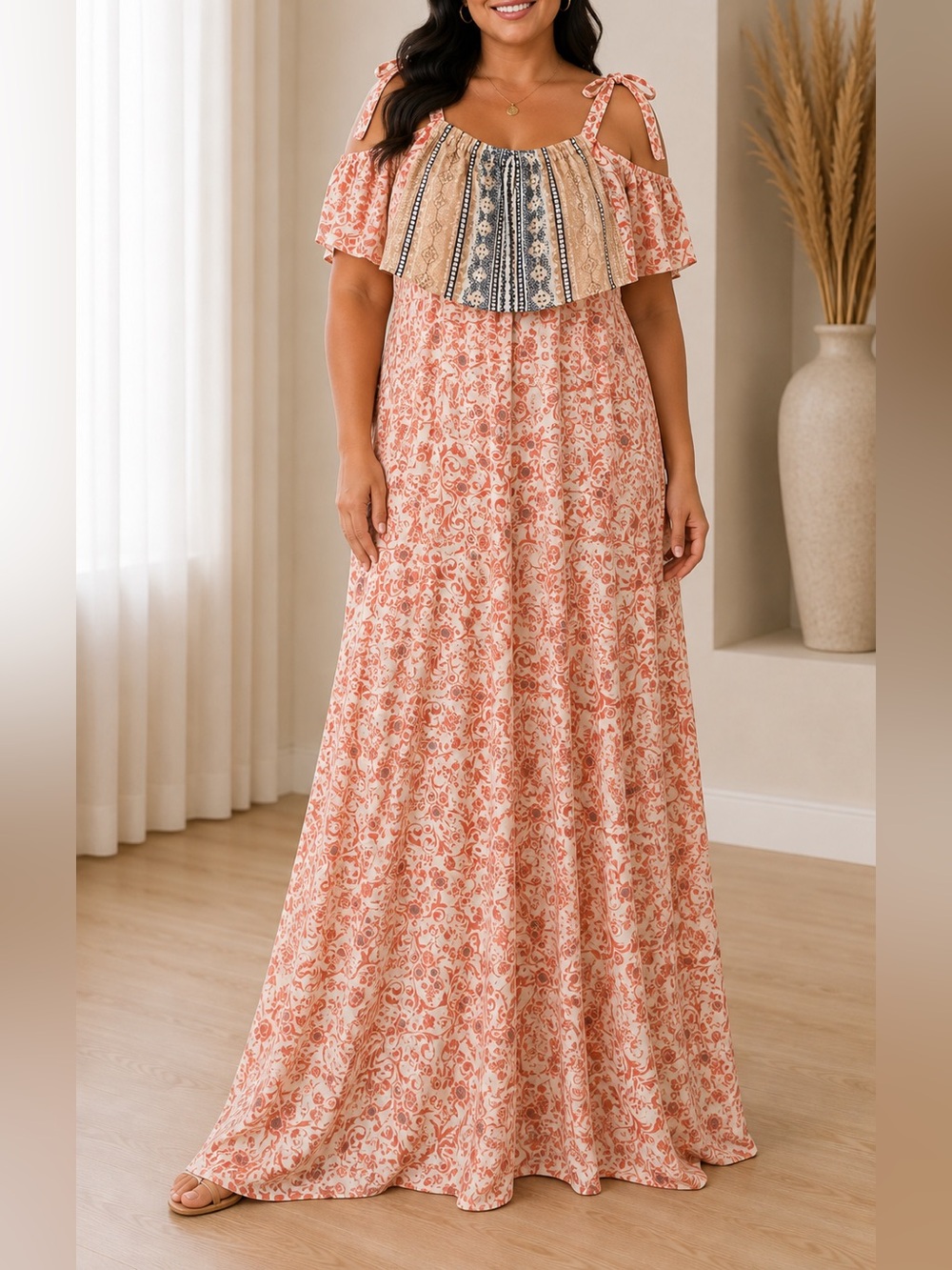 AUW Peach and Navy Cold-Shoulder Maxi Dress SIZE 10 pit 18” length 58” NEW W TAG